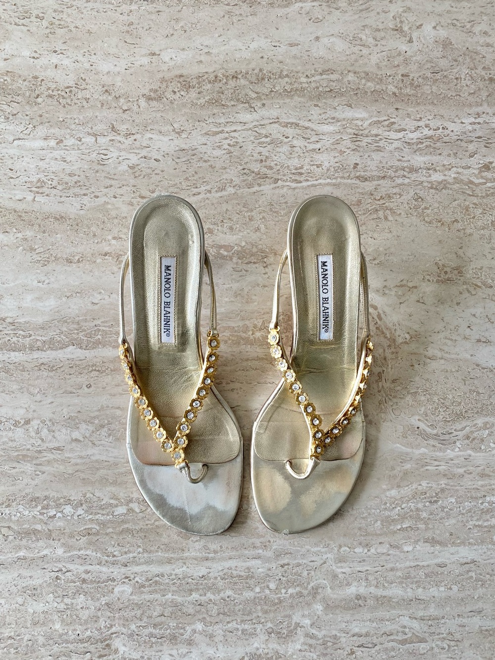 Vintage Manolo Blahnik Flower Crystal Thong Sandal Heels